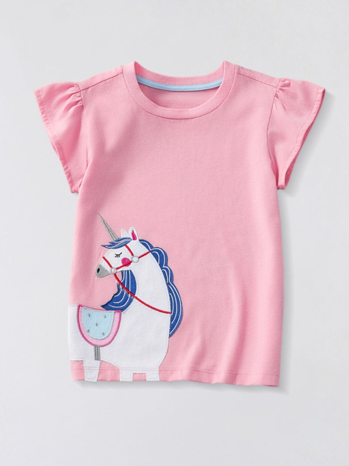 Pink baby t-shirt with ruffle sleeves and a white unicorn applique.