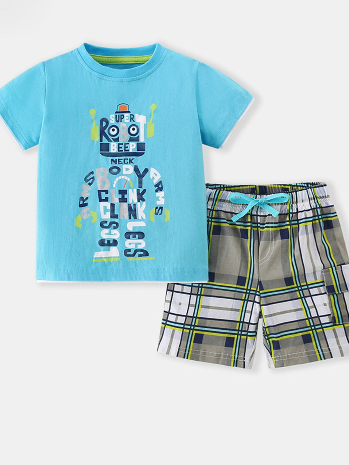 Baby blue cotton tee with robot graphic and plaid shorts with drawstring.