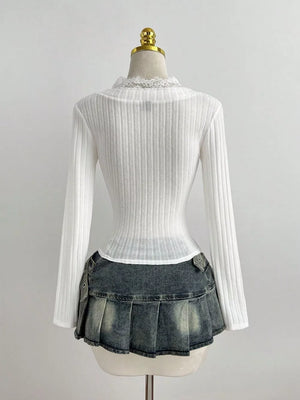 Black V-neck Lace Trim Ribbed Knit T-shirt