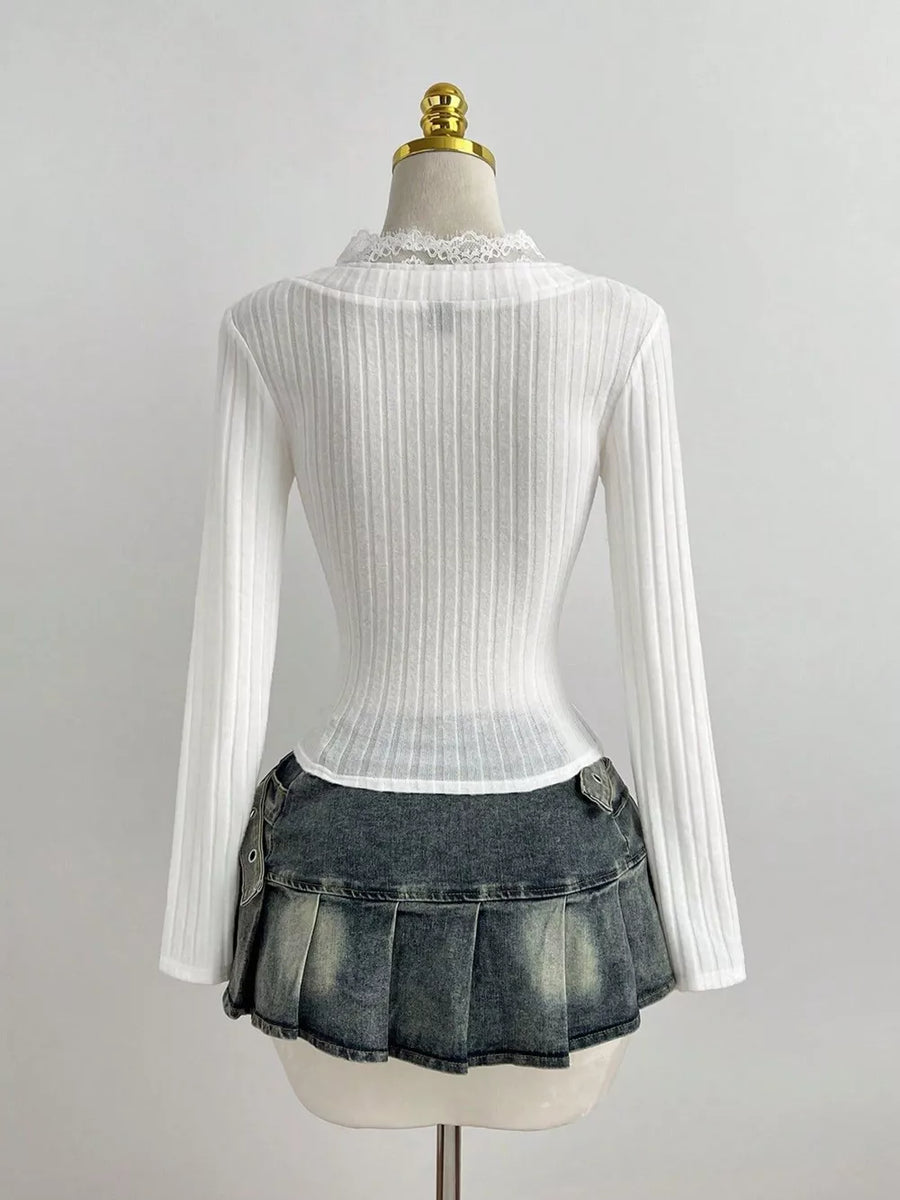 Black V-neck Lace Trim Ribbed Knit T-shirt