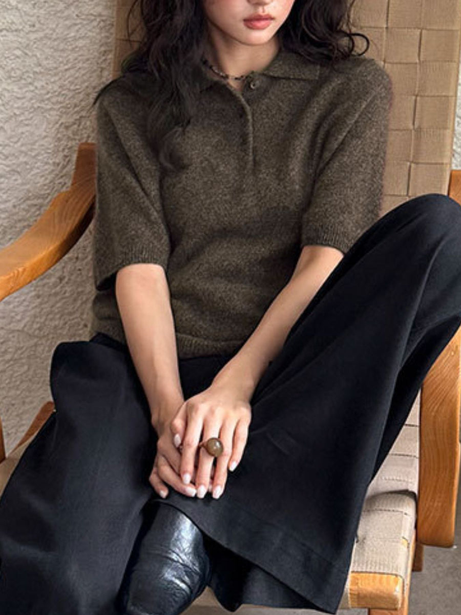 Wool Short-Sleeve Knitted Polo Shirt in Gray