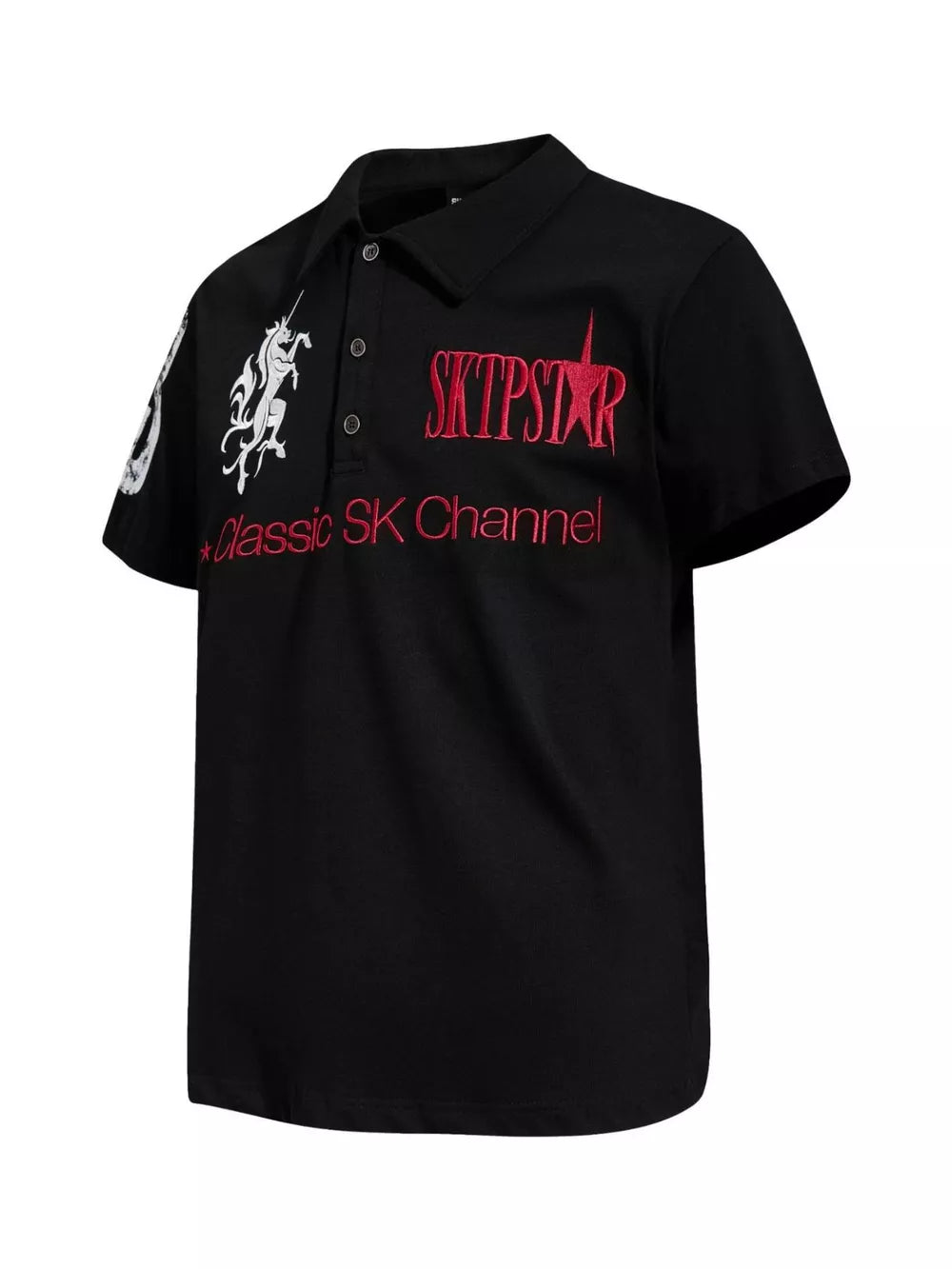 Black cotton polo shirt with embroidered unicorn and red text details.
