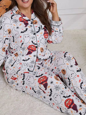 black pajama set featuring buttoned and graphic print