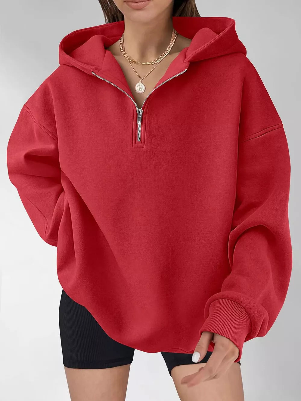 Khaki zip hoodie with hip-length and quarter-zip