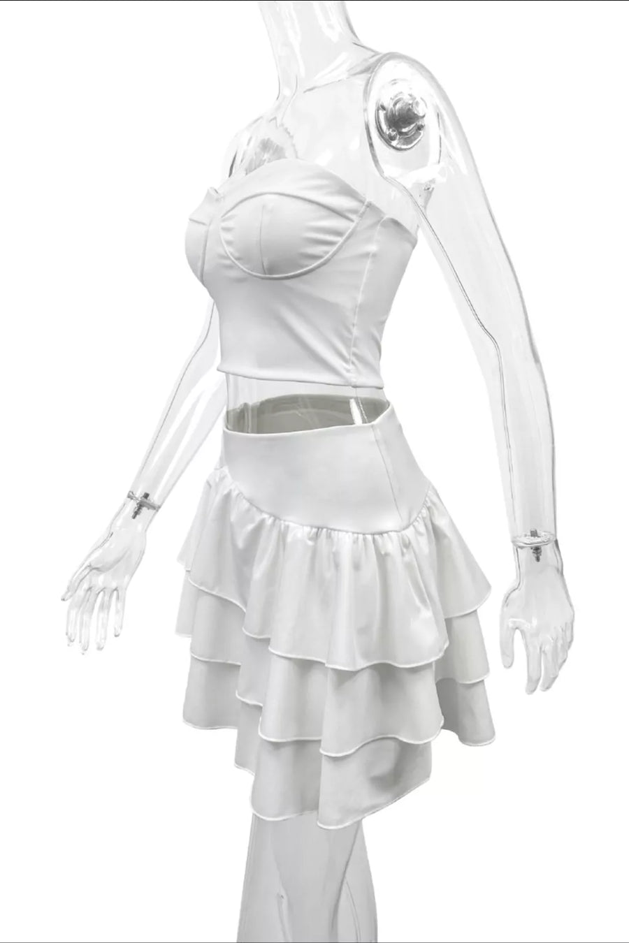 White strapless bustier crop top and tiered ruffle mini skirt set