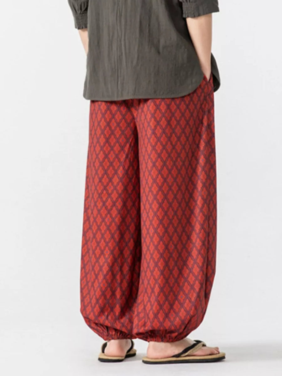 Red Wine harem sweatpants with diamond pattern, elastic cuffs, and pockets.