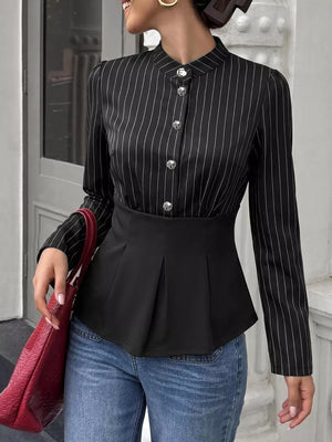 97% polyester, 3% elastane Care instructions: Machine wash cold peplum top in Black with fitted silhouette