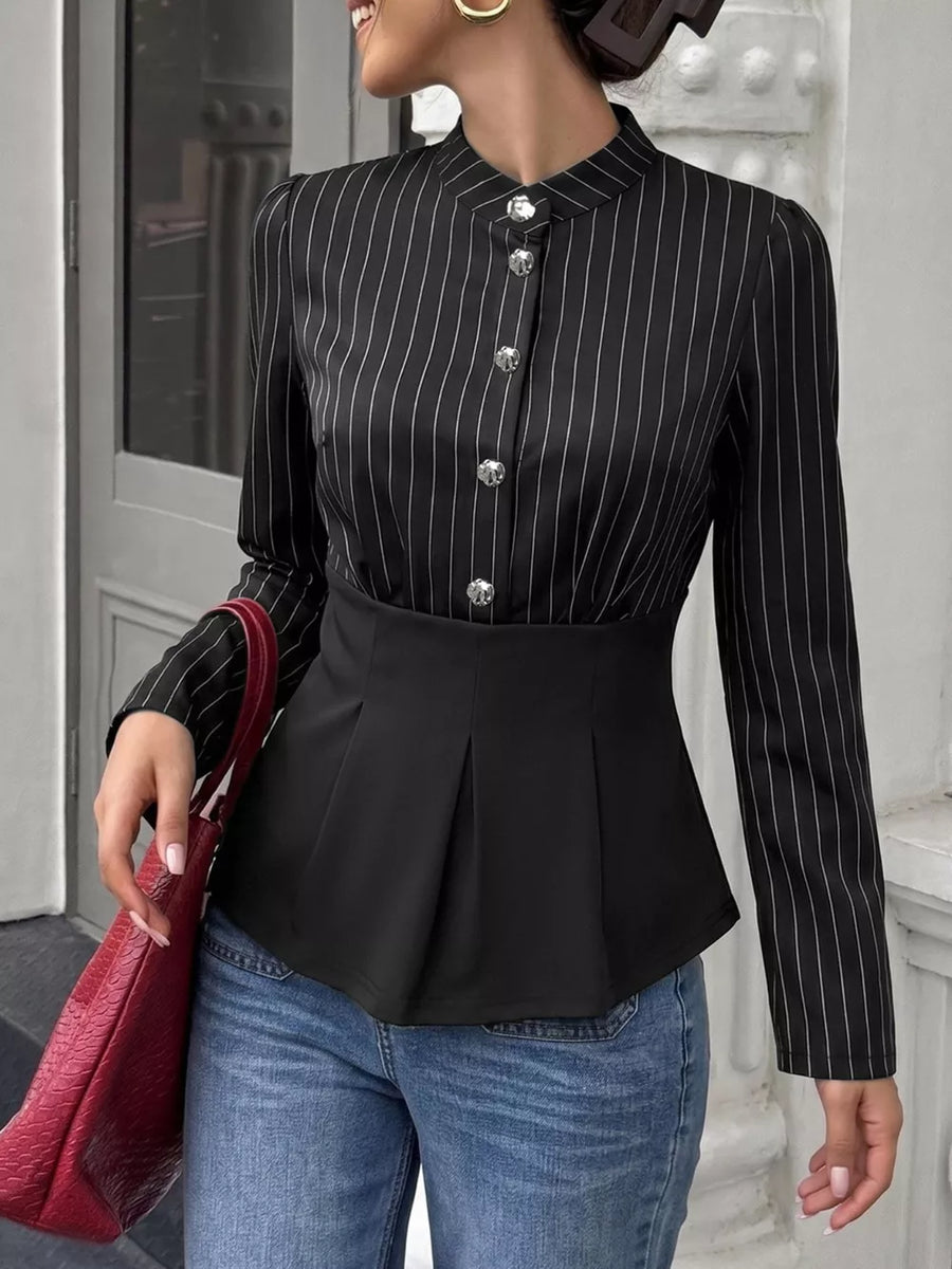 97% polyester, 3% elastane Care instructions: Machine wash cold peplum top in Black with fitted silhouette