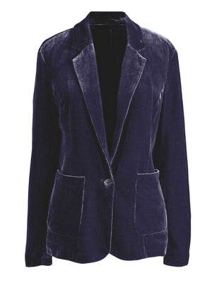 Navy velvet blazer with one button and two front pockets