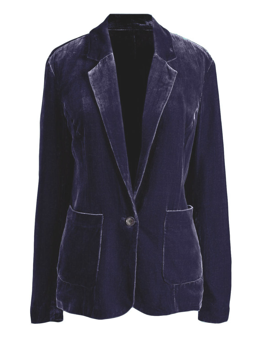 Navy velvet blazer with one button and two front pockets