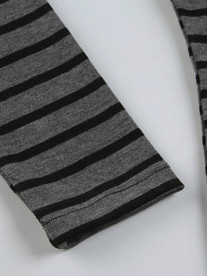 Grey and black striped t-shirt with a boat neck and long sleeves.