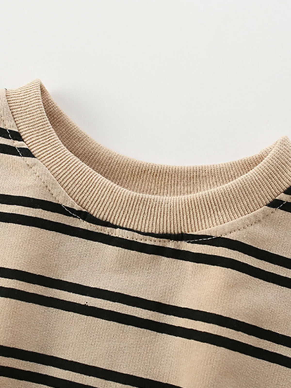Tan striped cotton crew neck sweatshirt with ribbed neckline detail