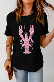 Black t-shirt with distressed pink checkered lobster graphic and short sleeves.