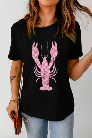 Black t-shirt with distressed pink checkered lobster graphic and short sleeves.