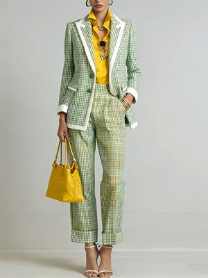 sage green suit set with plaid and notch lapel