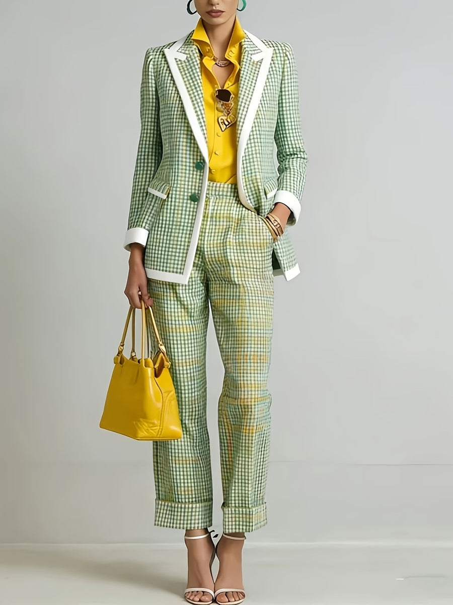 sage green suit set with plaid and notch lapel