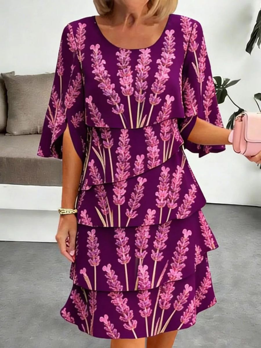 Purple floral tiered ruffle hem above-knee dress with split sleeves.