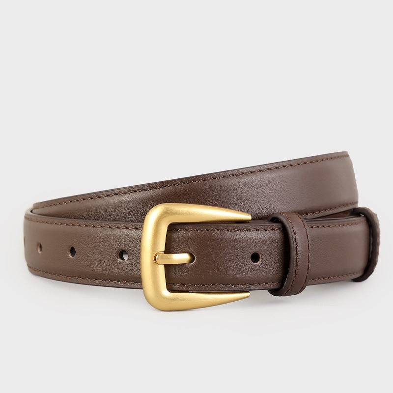 Skinny brown leather belt with a golden buckle, casual style.
