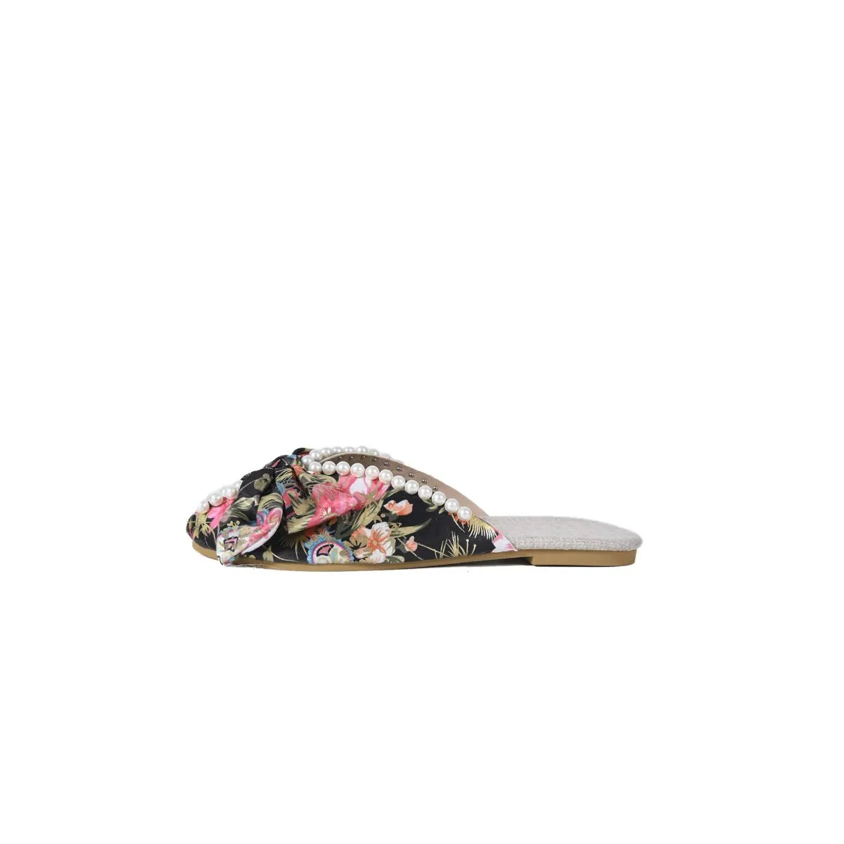 Floral bow pearl embellished slides with a black floral pattern.