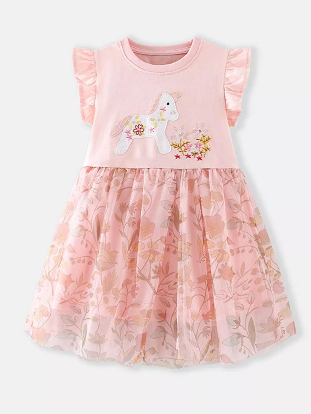Pink baby dress with unicorn embroidery, ruffle cap sleeves, and floral print tulle skirt.