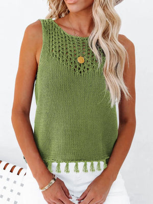 Green knit sleeveless tank top with crochet neckline and tassel hem