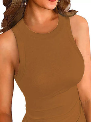 Brown ribbed fitted round neck tank top with a comfortable casual style.