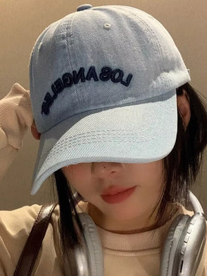 Light blue denim baseball cap with embroidered Los Angeles text