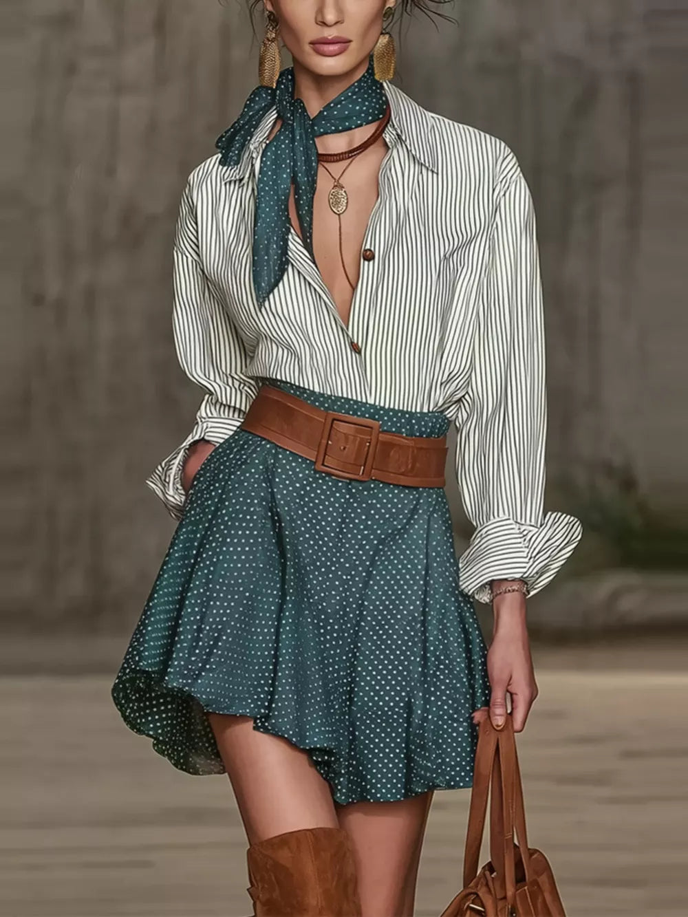 white skirt set with polka dot and collared