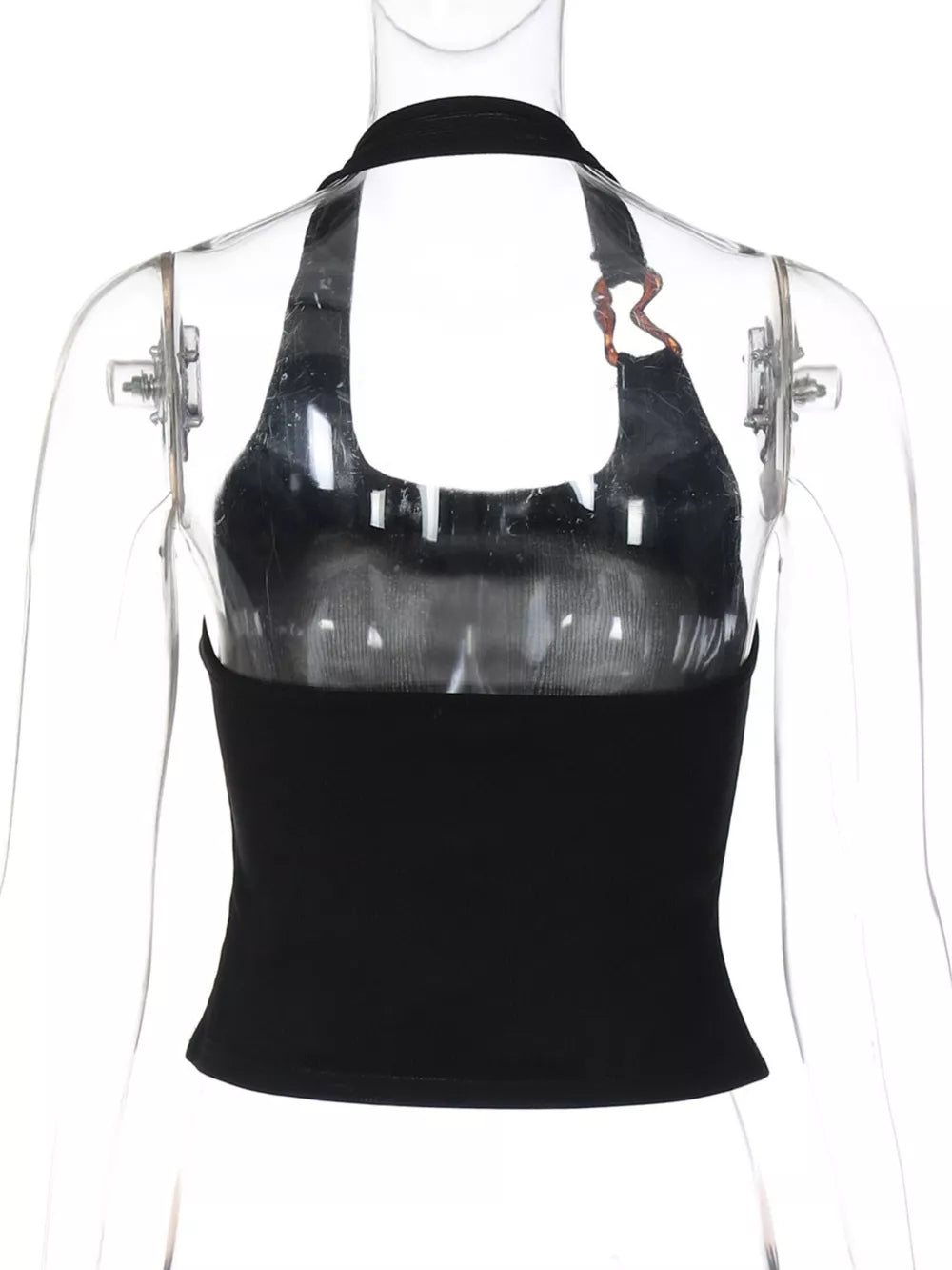 Black ribbed halter tank top with scoop neck and ring detail.