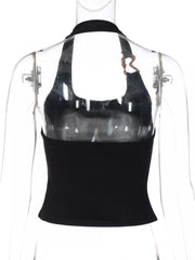 Black ribbed halter tank top with scoop neck and ring detail.