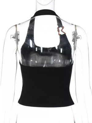 Black ribbed halter tank top with scoop neck and ring detail.