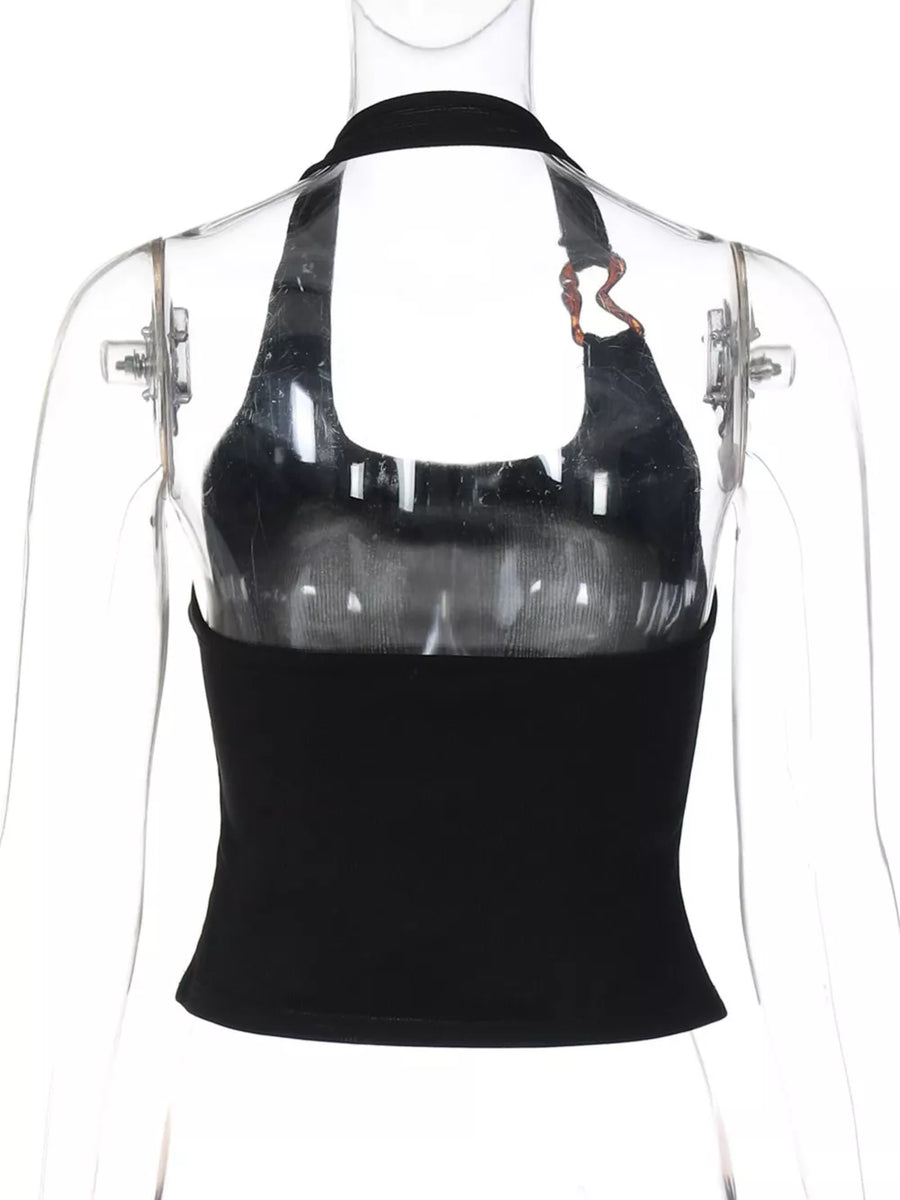Black ribbed halter tank top with scoop neck and ring detail.