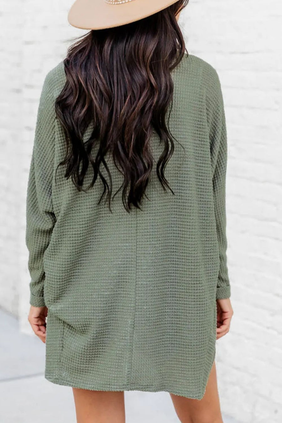 Sage waffle knit open-front duster cardigan with long sleeves and a relaxed fit.