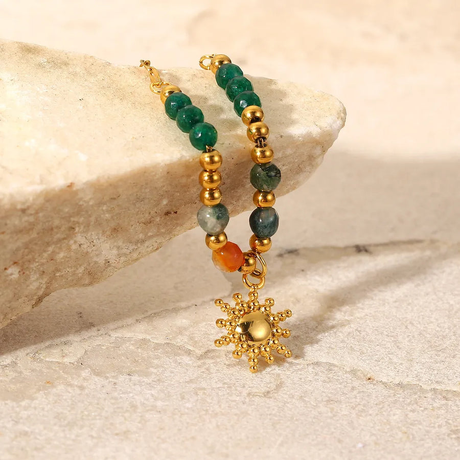 Bohemian Sun Charm Beaded 18k Gold-plated Necklace in Gold with beaded
