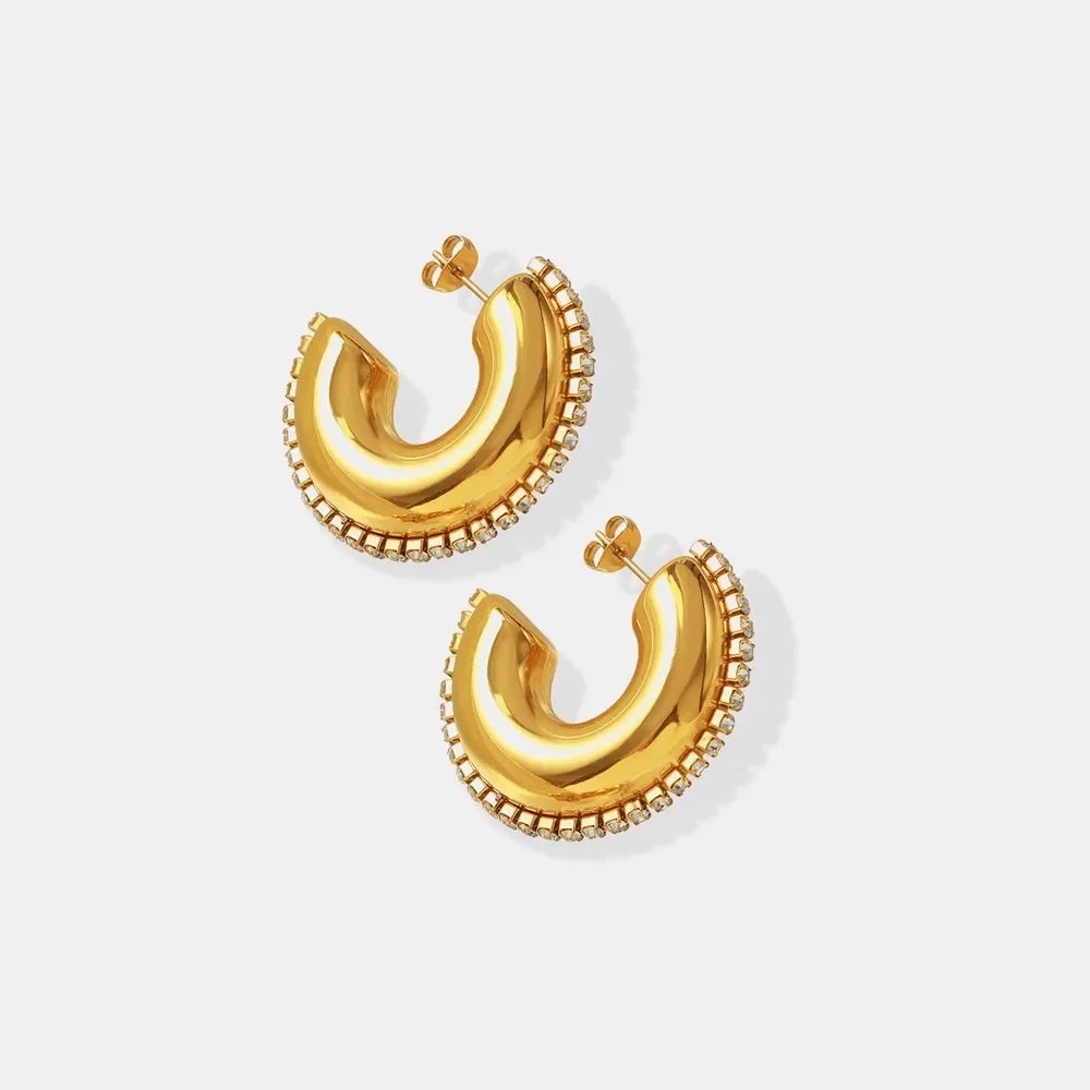 Gold cubic zirconia embellished crescent hoop earrings with stud backs