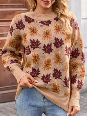 mock neck sweater in Green with leaf-print and stretch