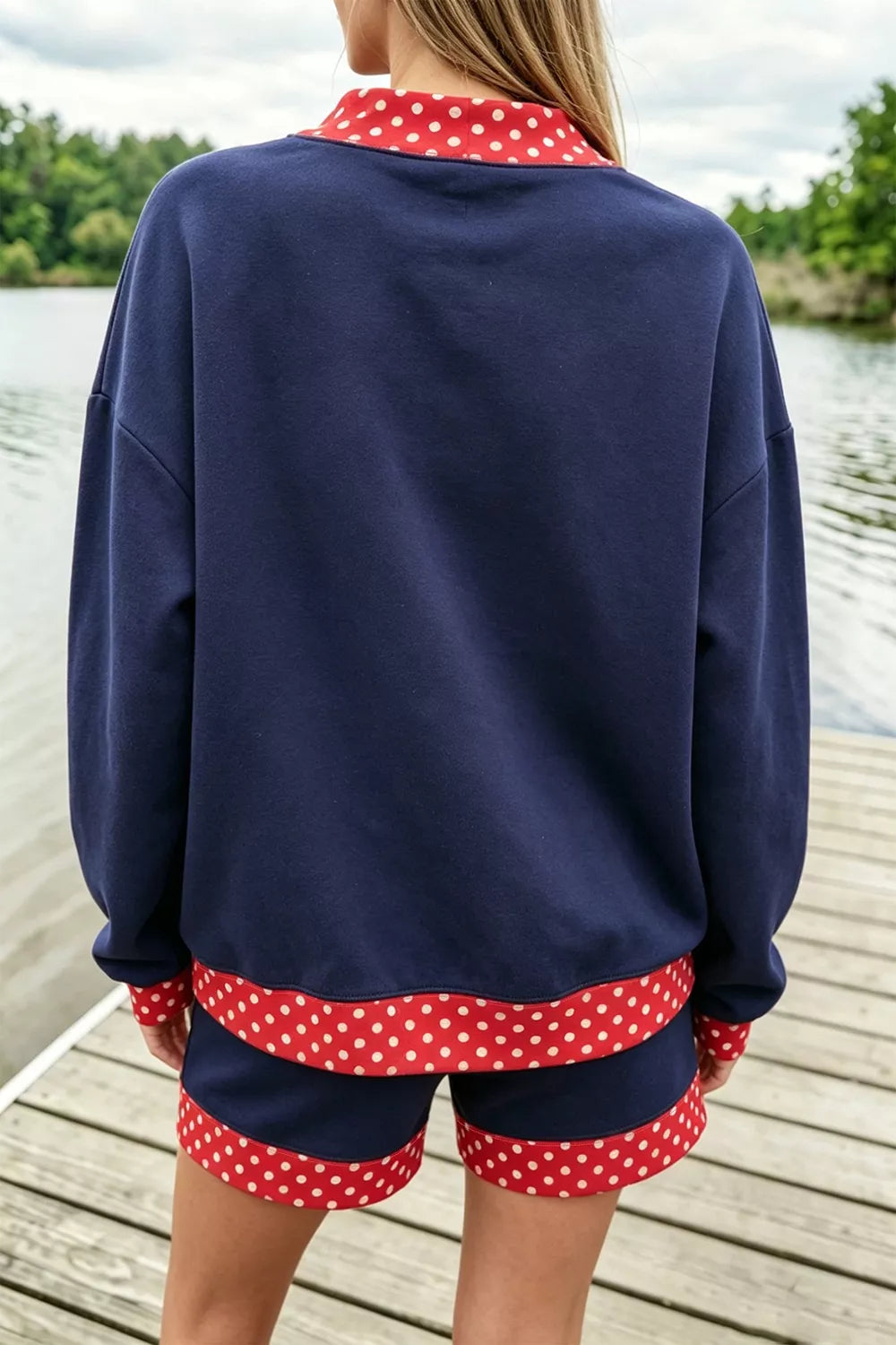red lounge set featuring contrast stitching and polka dot