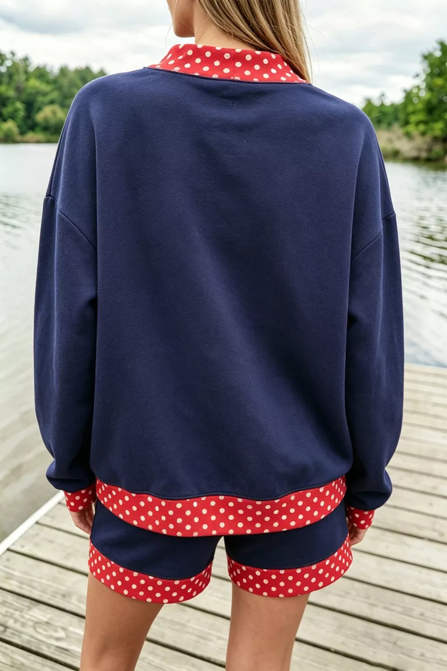 red lounge set featuring contrast stitching and polka dot