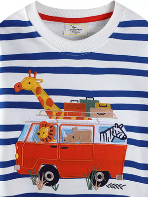 White striped sweatshirt with animal safari van embroidery.