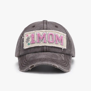 Gray distressed baseball cap with #1 MOM patch and pink lettering