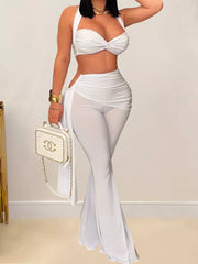 White Halter Neck Top And Flare Pants Set