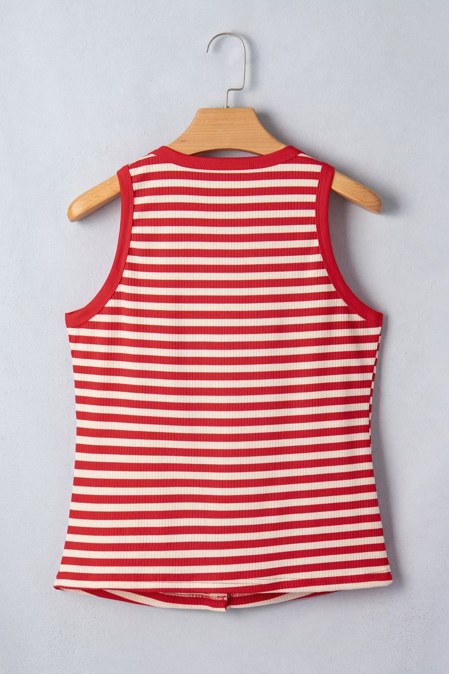 Red and cream striped ribbed knit tank top with button detail at hem