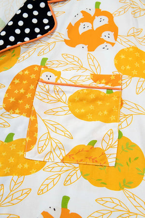 pajama set in orange with buttoned and full-length