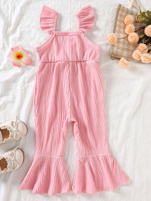 Pink cotton blend baby jumpsuit with crochet ruffle straps and bell bottoms