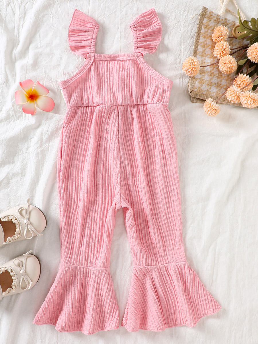 Pink cotton blend baby jumpsuit with crochet ruffle straps and bell bottoms
