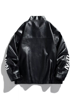 Black oversized leather jacket with white text detail on sleeve.