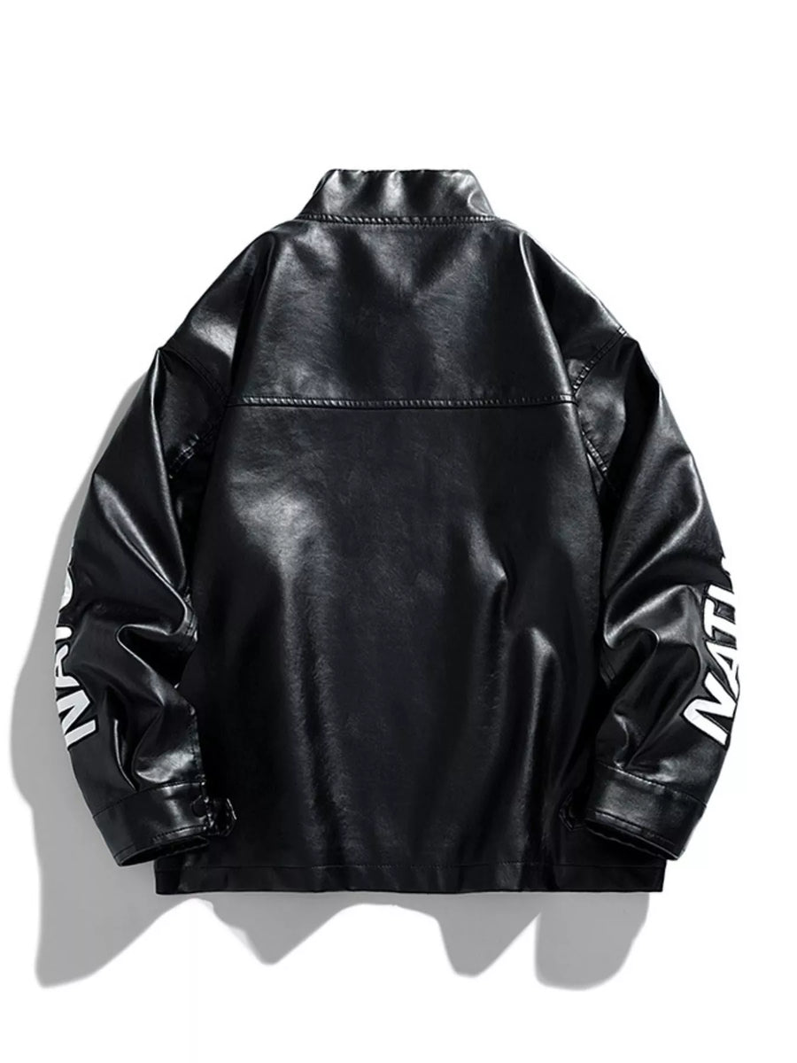 Black oversized leather jacket with white text detail on sleeve.