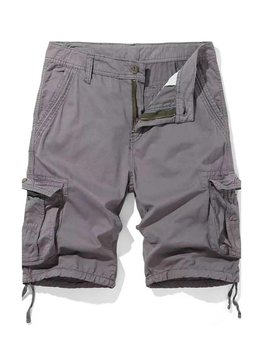 Gray cargo shorts for men with zipper fly and drawstring hem