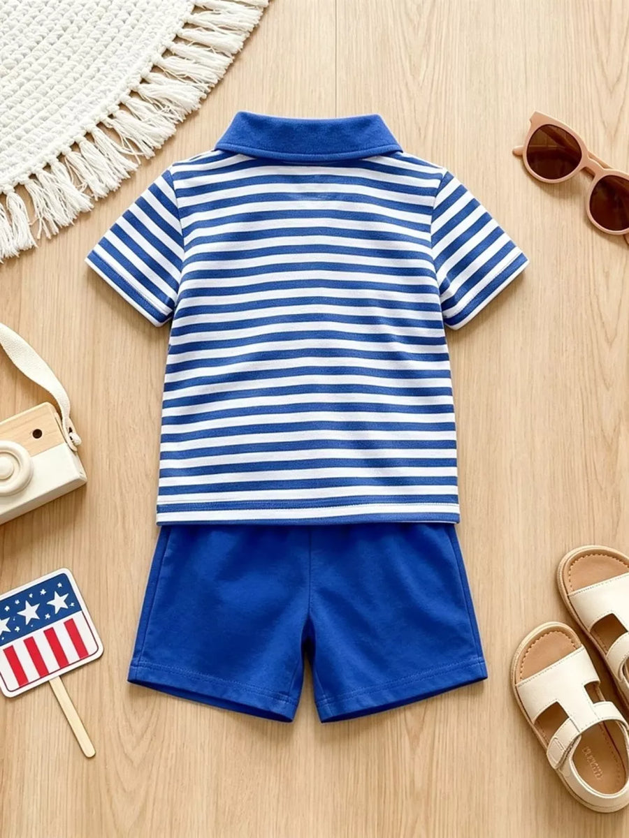 Baby blue and white striped polo shirt and blue shorts ensemble.