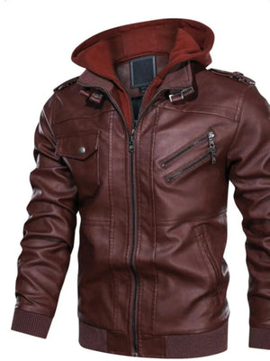 Men's red hooded leather jacket with zippered pockets and snap chest pocket.